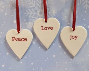 Set of 3 Hearts - Peace, Love, Joy - Red Glaze